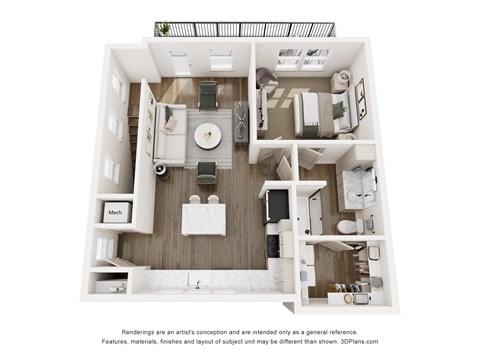 Floor plan for 1 bed, 1 bath, 936 sqft